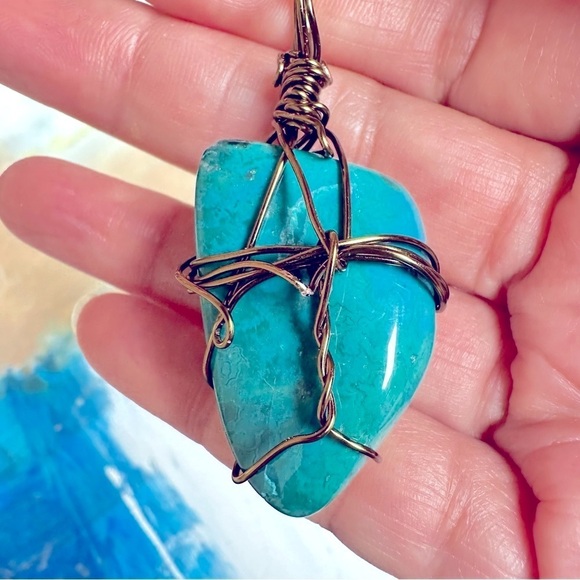 Handmade Jewelry - Blue Pendant Gemstone Green Chalcedony Necklace Wire Wrapped 4271 Y